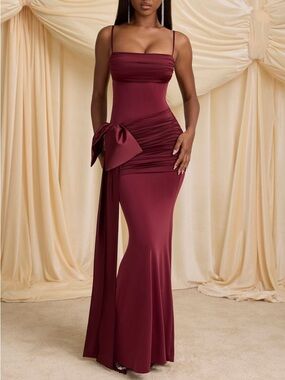 Oh Polly Bow Detail Ruched Maxi Dress Gown Wine Red Burgundy XS US 2 NWT